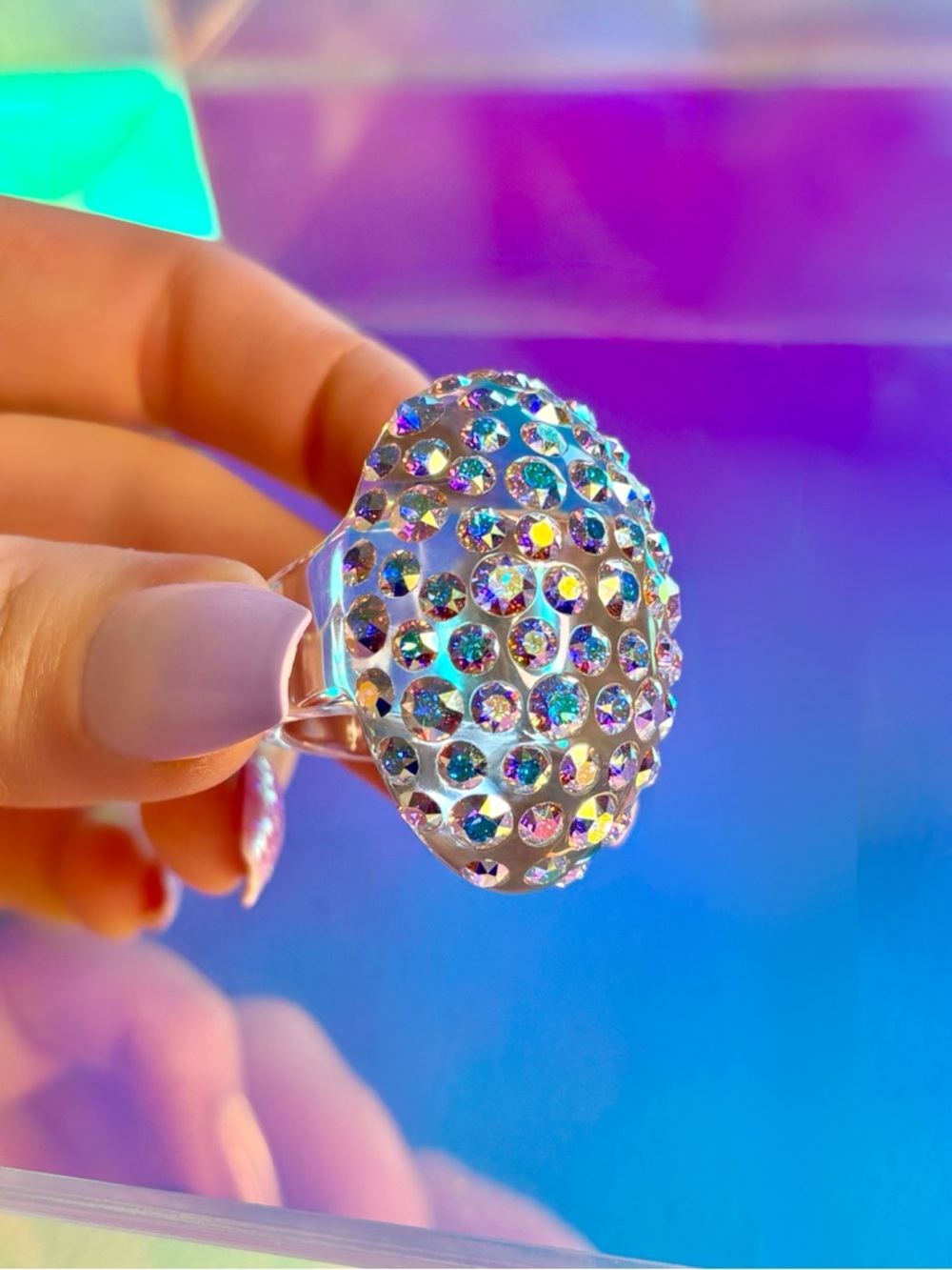 Crystal Acrylic Statement Dome Ring with Aurora Borealis Swarovski Crystals